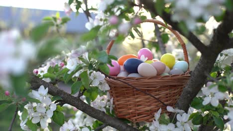 Happy-Easter.-Basket-with-Easter-eggs-in-grass-on-a-sunny-spring-day---Easter-decoration,-banner,-panorama,-background-with-copy-space-for-text