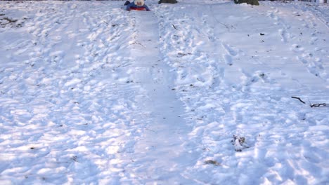 a-girl-on-a-snow-hill,-one-goes-down-on-an-ice-sled