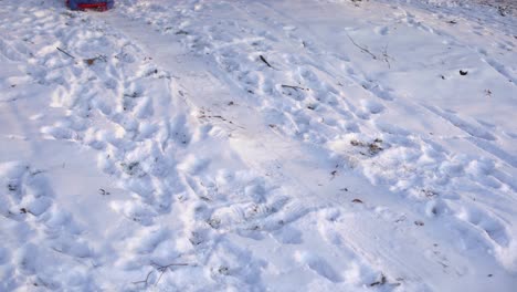 Kleines-Mädchen-Fährt-Auf-Einem-Eisschlitten-Den-Winterlich-Schneebedeckten-Hügel-Hinunter