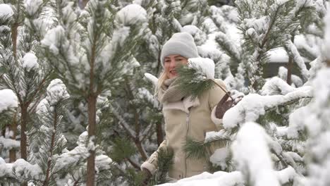 Beautiful-woman-standing-among-snowy-trees-in-winter-forest-and-enjoying-first-snow.-Woman-in-winter-woods.