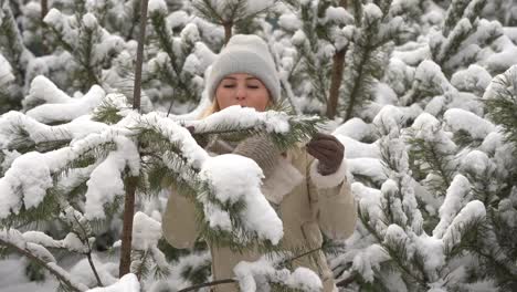 A-girl-in-white-clothes-stands-near-a-pine-tree-in-the-snow.