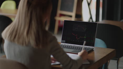 Asian-Businesswoman-analyzing-a-graphic-of-a-stock-exchange-chart.-Back-of-the-head-of-a-young-female-chinese-japan-japanese-korean-looking-at-a-stock-diagram-on-the-big-screen-of-the-laptop