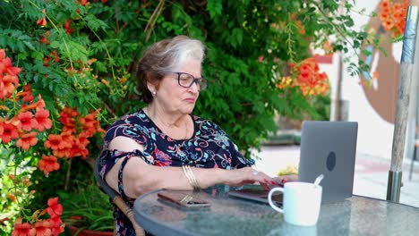 Aged-female-using-laptop-at-table-near-plants