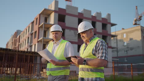Two-engineers-discussing-project-on-a-construction-site-a-worker-wearing-a-helmet-during-the-sunset