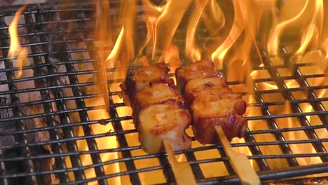Delicious-octopus-fillet-on-skewers-grilling-in-hot-flame