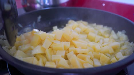 Stirring-the-onion-and-potatoes-in-a-frying-pan