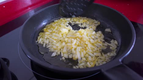 Stirring-onion-in-a-frying-pan