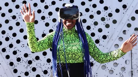 Black-woman-in-VR-headset-in-city