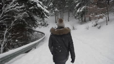 Anonymous-man-in-warm-wear-walking-on-snowy-road-forest