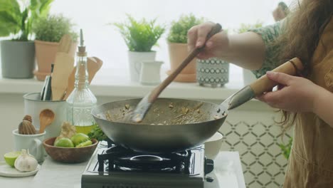 Woman-stirring-ingredients-in-frying-pan