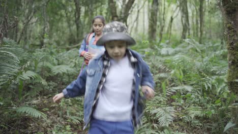 Niños-étnicos-Con-Guía-De-Papel-Y-Binoculares-Explorando-El-Bosque