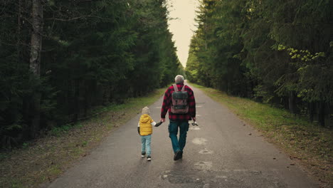 grandpa-and-child-boy-are-walking-together-on-road-across-pinery-in-morning-or-evening