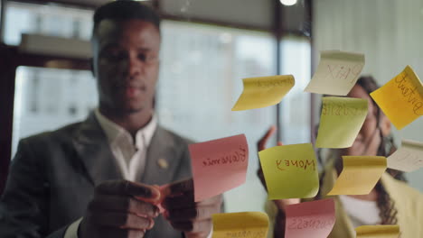 african-american-managers-or-marketing-specialists-are-sticking-post-it-notes-on-glass-in-office