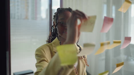 African-american-business-woman-using-sticky-notes-brainstorming-problem-solving-strategy-on-glass-whiteboard-leader-woman-showing-solution-for-project-deadline-in-office.-Bringing-her-vision