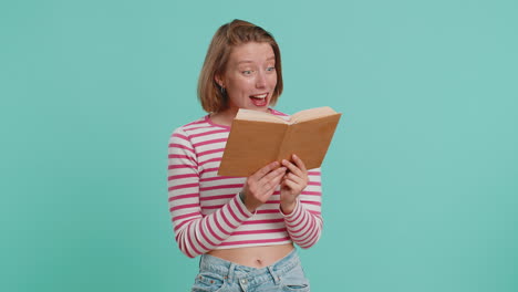 Young-woman-reading-funny-interesting-fairytale-story-book,-laughing,-leisure-hobby,-education