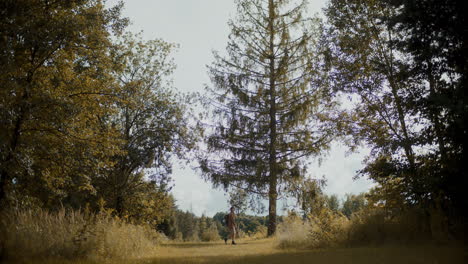 Exploradora-Femenina-Caminando-Sobre-La-Hierba-Junto-A-Los-árboles-En-El-Bosque
