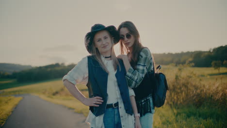 Stylish-Female-Friends-Standing-Together-On-Road