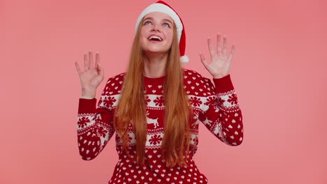 Lovely-positive-adult-girl-in-Christmas-sweater-laughing-out-loud-after-hearing-anecdote,-funny-joke