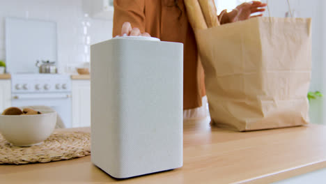 Close-up-view-of-smart-speaker-in-the-kitchen