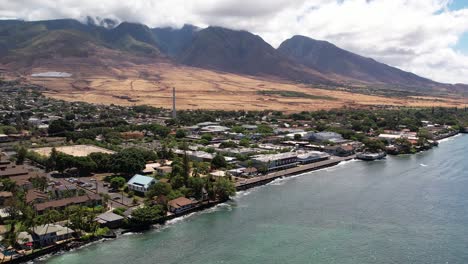 Cinematic-Aerial-Shot-of-the-Historic-Front-Street-Lahaina,-Maui,-Hawaii