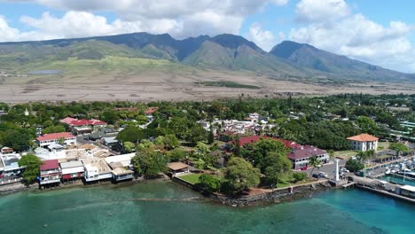 Cinematic-Aerial-Shot-of-Front-Street-Lahaina-Maui-Hawaii-Prior-to-Fires