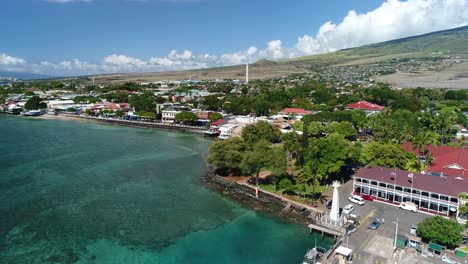 Cinematic-Aerial-Drone-Shot-of-the-Historic-Front-Street-Area-in-Lahaina,-Maui,-Prior-to-2023-Maui-Wildfires