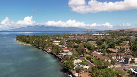 Cinematic-Aerial-Shot-of-Historic-Front-Street-Area-of-Lahaina,-Maui,-Hawaii