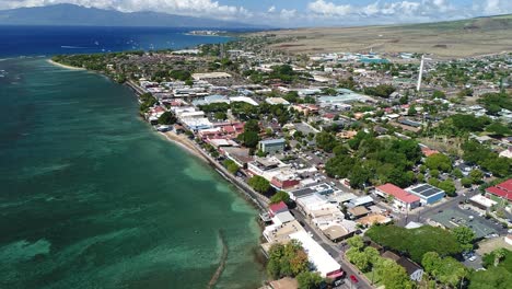 Cinematic-Aerial-Drone-shot-of-Lahaina-Town,-Front-Street,-Maui,-Prior-to-2023-Fires