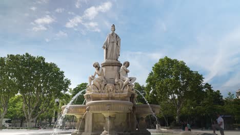 Fountain-Pradier-in-Nimes,-a-classical-elegance,-sculptural-beauty-in-heart-of-city
