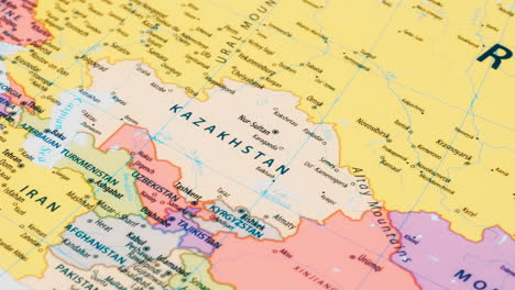 Close-up-of-the-country-word-Kazakhstan-on-a-world-map-with-the-detailed-name-of-the-capital-city