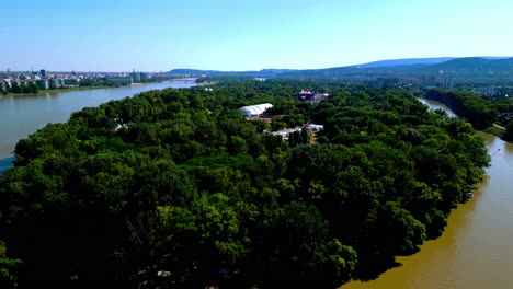 Drone-Shot-Over-Óbuda-Island,-Location-Of-Sziget-Festival-In-Budapest,-Hungary