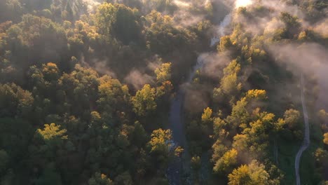 river-in-forest-with-mist-at-golden-hour-in-morning,-aerial-drone-bird-zenithal-view,-hill-and-mountain-in-background,-tuscany,-italy,-europe