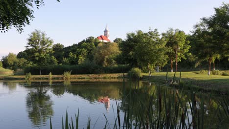 Ripples-on-scenic-pond-at-event-gardens,-reflecting-church-steeple,-trees-on-shore