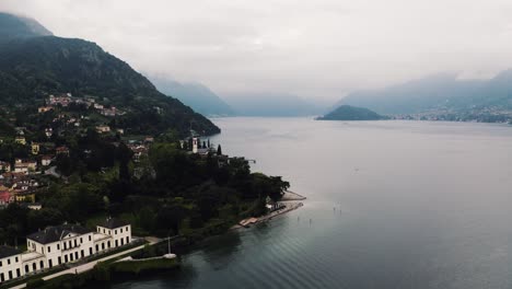 Wide-drone-shot-of-Bellagio,-Italy-along-Lake-Como
