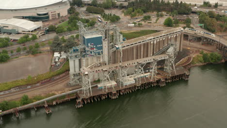 Circling-aerial-shot-of-the-grain-elevator-Portland-Oregon