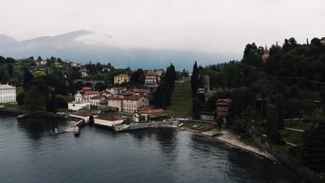 Aerial-view-of-Bellagio's-beautiful-shoreline-along-Lake-Como-in-Italy's-countryside