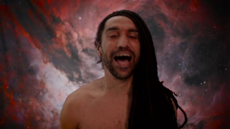Laughing-man-with-dreadlocks,-cosmic-ecstasy-in-surreal-setting