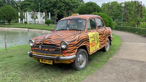 Close-up-shot-of-yellow-taxi-with-black-stripes-for-tiger-conservation-parked-along-the-lakeside-on-a-cloudy-day