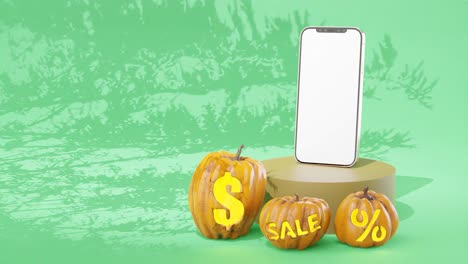 Halloween-sale-advertisement-campaign-with-phone-on-display-and-pumpkins,-green-background