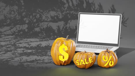Halloween-Tech-Verkaufsbanner,-Laptop-Mit-Weißem-Bildschirm,-Dunkelgrauer-Hintergrund-Mit-Baumschatten
