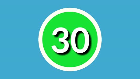 Número-30-Treinta-Símbolos-De-Animación-Gráficos-En-Movimiento-En-Esfera-Verde-Sobre-Fondo-Azul,-Número-De-Vídeo-De-Dibujos-Animados-De-4k-Para-Elementos-De-Vídeo