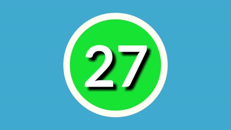 Número-Veintisiete-27-Símbolos-De-Signos-Animación-Gráficos-En-Movimiento-En-Esfera-Verde-Sobre-Fondo-Azul,-Número-De-Vídeo-De-Dibujos-Animados-De-4k-Para-Elementos-De-Vídeo