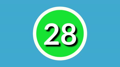 Número-Veintiocho-28-Símbolos-De-Signos-Animación-Gráficos-En-Movimiento-En-Esfera-Verde-Sobre-Fondo-Azul,-Número-De-Vídeo-De-Dibujos-Animados-De-4k-Para-Elementos-De-Vídeo