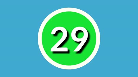 Número-Veintinueve-29-Gráficos-En-Movimiento-De-Animación-De-Símbolo-De-Signo-En-Esfera-Verde-Sobre-Fondo-Azul,-Número-De-Vídeo-De-Dibujos-Animados-De-4k-Para-Elementos-De-Vídeo