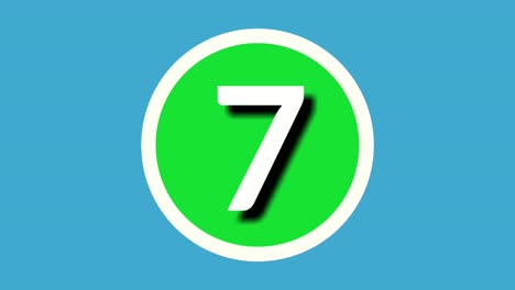 Número-Siete-7-Gráficos-De-Movimiento-De-Animación-De-Símbolo-De-Signo-En-Esfera-Verde-Sobre-Fondo-Azul,-Número-De-Vídeo-De-Dibujos-Animados-De-4k-Para-Elementos-De-Vídeo