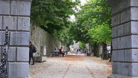 People-relaxing-and-walking-dogs-on-walkway-to-the-tourist-attraction-of-Kilkenny-Castle-on-a-September-day
