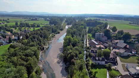 Drone-flight-with-a-DJI-drone-over-the-freshly-renaturalized-river-Emme-between-Bätterkinden-and-Utzenstorf-at-the-entrance-of-the-Emmental-near-Bern-in-Switzerland