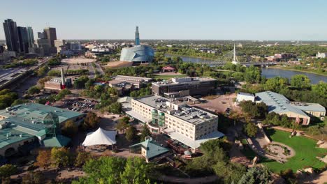 Panoramic-drone-shot-of-the-Forks,-Winnipeg,-Manitoba,-Canada