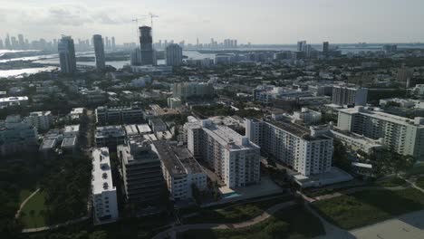 Aerial-skyline-of-Miami-South-beach-during-sunny-day-drone-footage