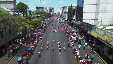 Drone-Shot-of-Costa-Rican-Independance-Day-Parade-Over-School-Children-in-Typical-Clothing